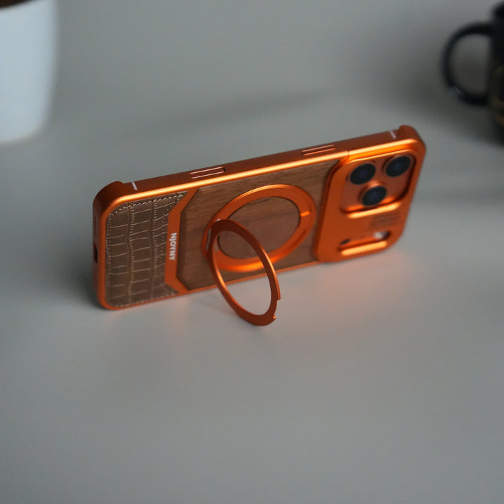 iPhone 17 Series Metallic Wood Leather AeroFLex Aluminium  Case With Rotating Stand