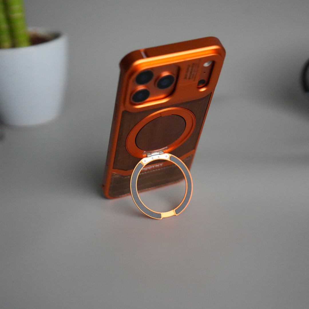 iPhone 17 Series Metallic Wood Leather AeroFLex Aluminium  Case With Rotating Stand