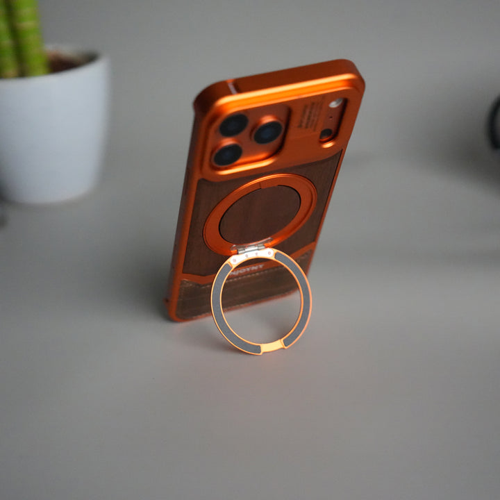 iPhone 17 Series Metallic Wood Leather AeroFLex Aluminium  Case With Rotating Stand