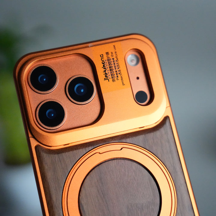 iPhone 17 Series Metallic Wood Leather AeroFLex Aluminium  Case With Rotating Stand