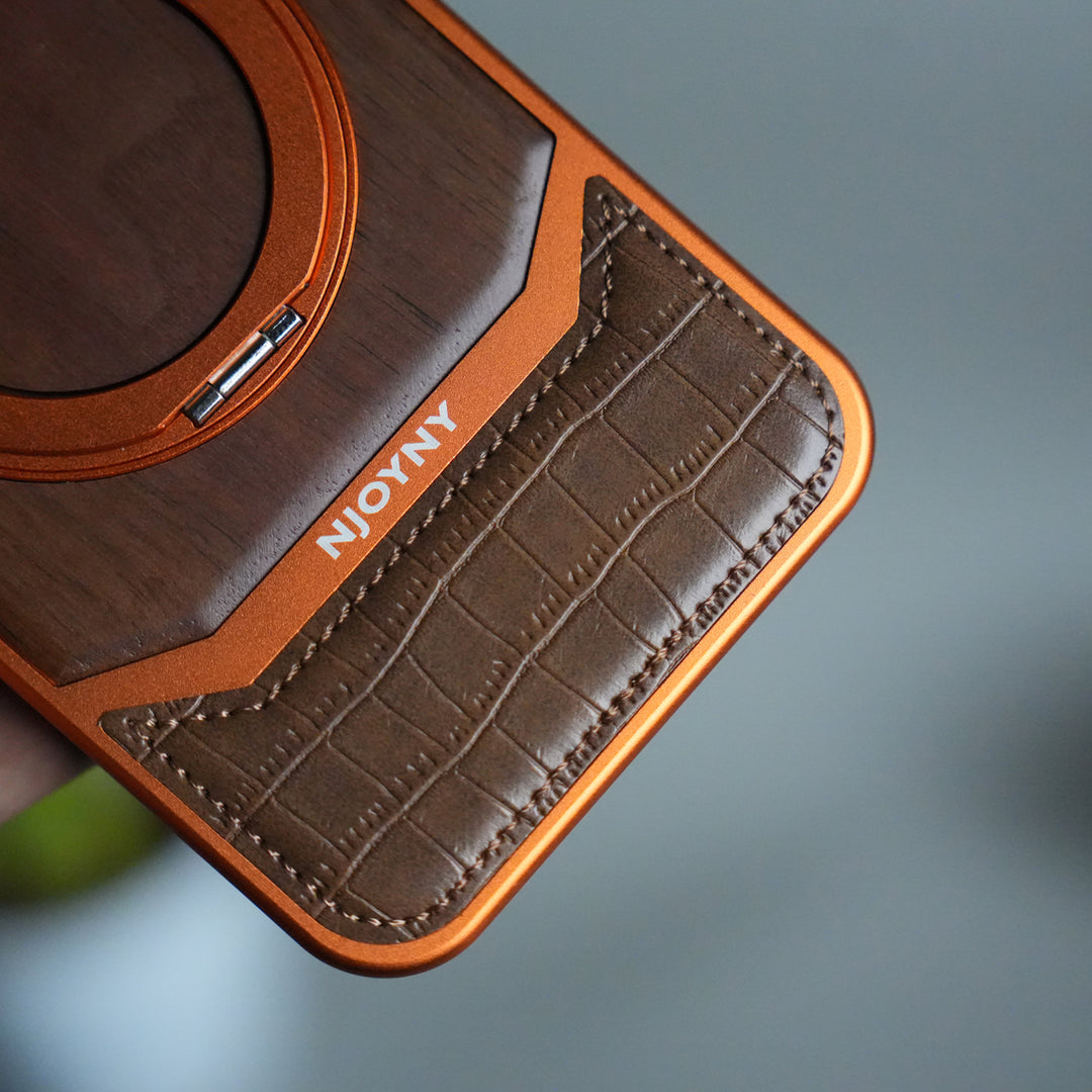 iPhone 17 Series Metallic Wood Leather AeroFLex Aluminium  Case With Rotating Stand