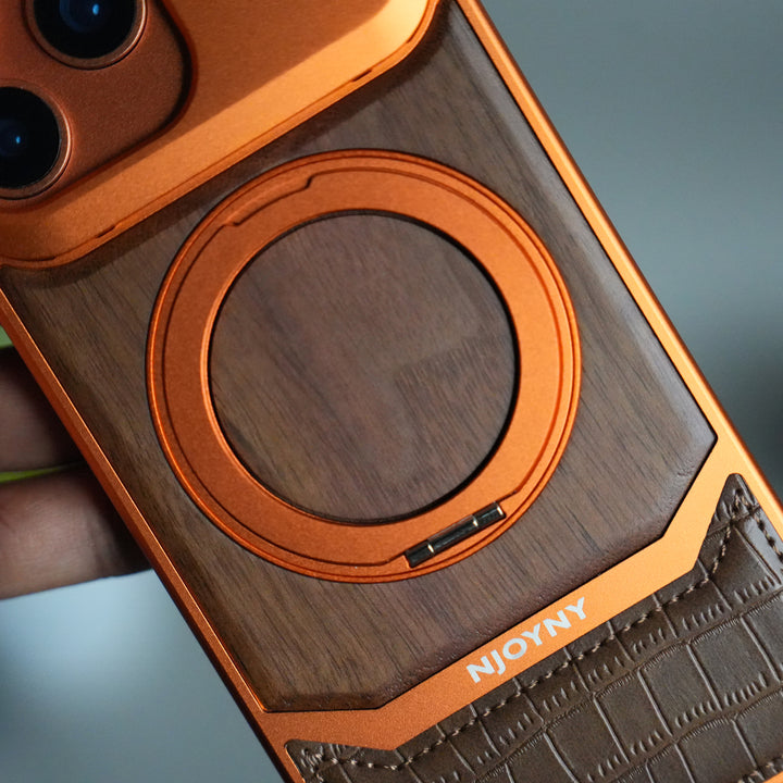 iPhone 17 Series Metallic Wood Leather AeroFLex Aluminium  Case With Rotating Stand