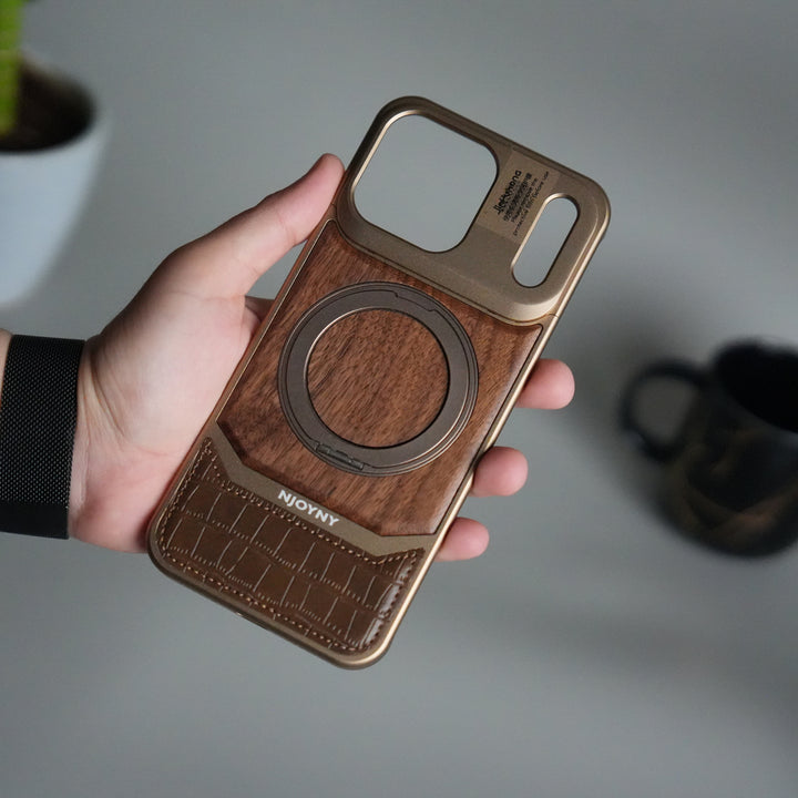 iPhone 17 Series Metallic Wood Leather AeroFLex Aluminium  Case With Rotating Stand