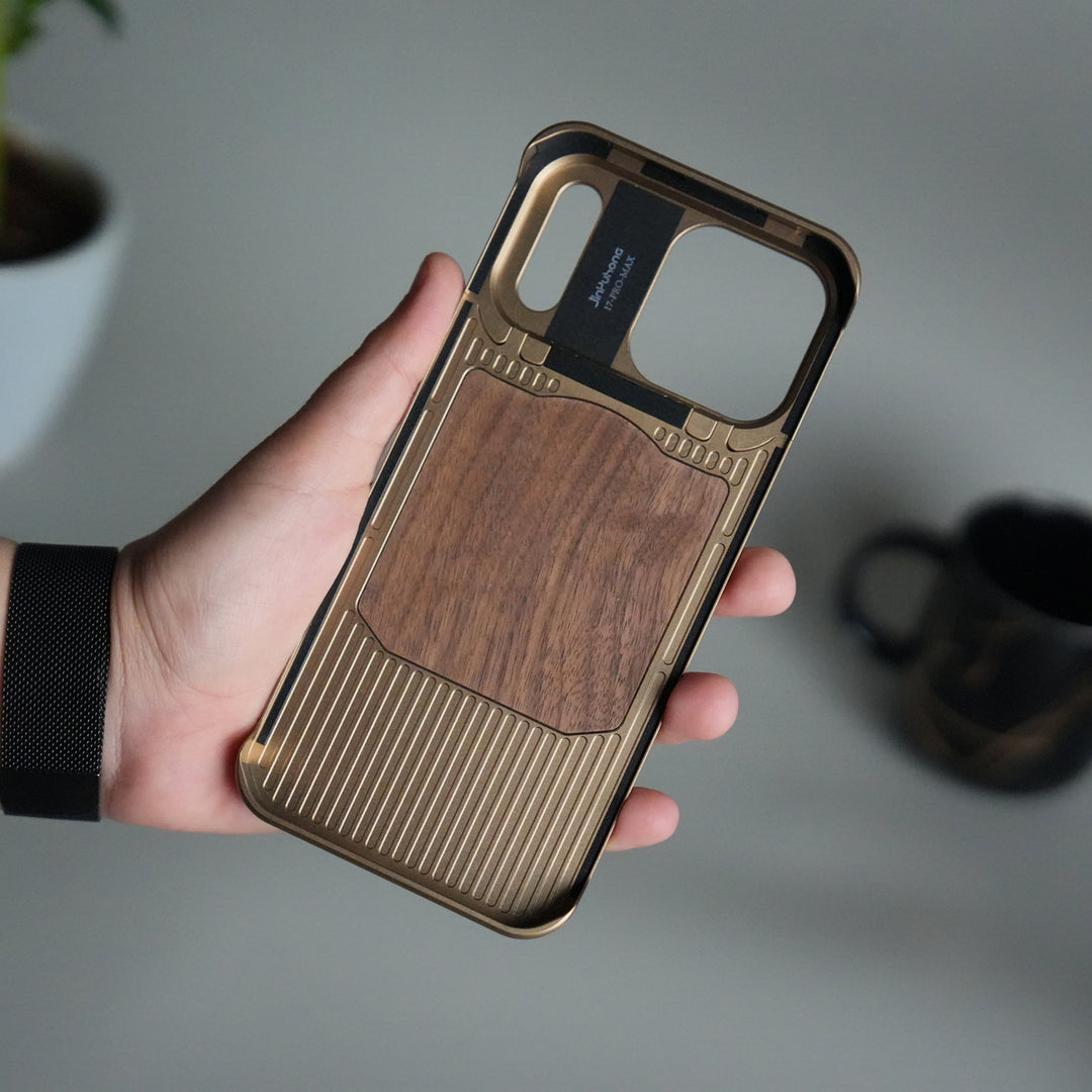 iPhone 17 Series Metallic Wood Leather AeroFLex Aluminium  Case With Rotating Stand