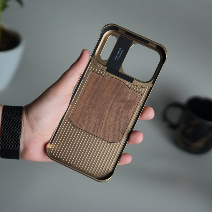 iPhone 17 Series Metallic Wood Leather AeroFLex Aluminium  Case With Rotating Stand