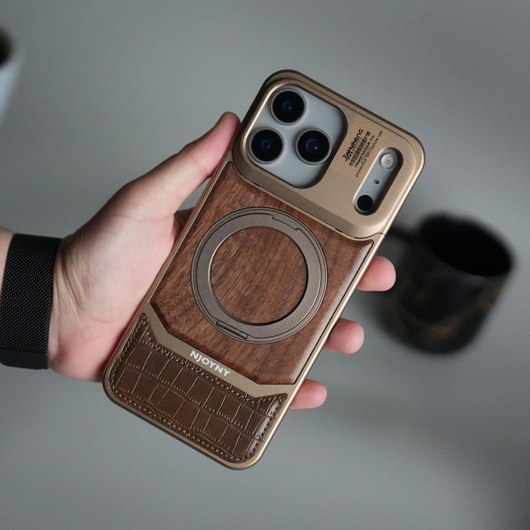 iPhone 17 Series Metallic Wood Leather AeroFLex Aluminium  Case With Rotating Stand