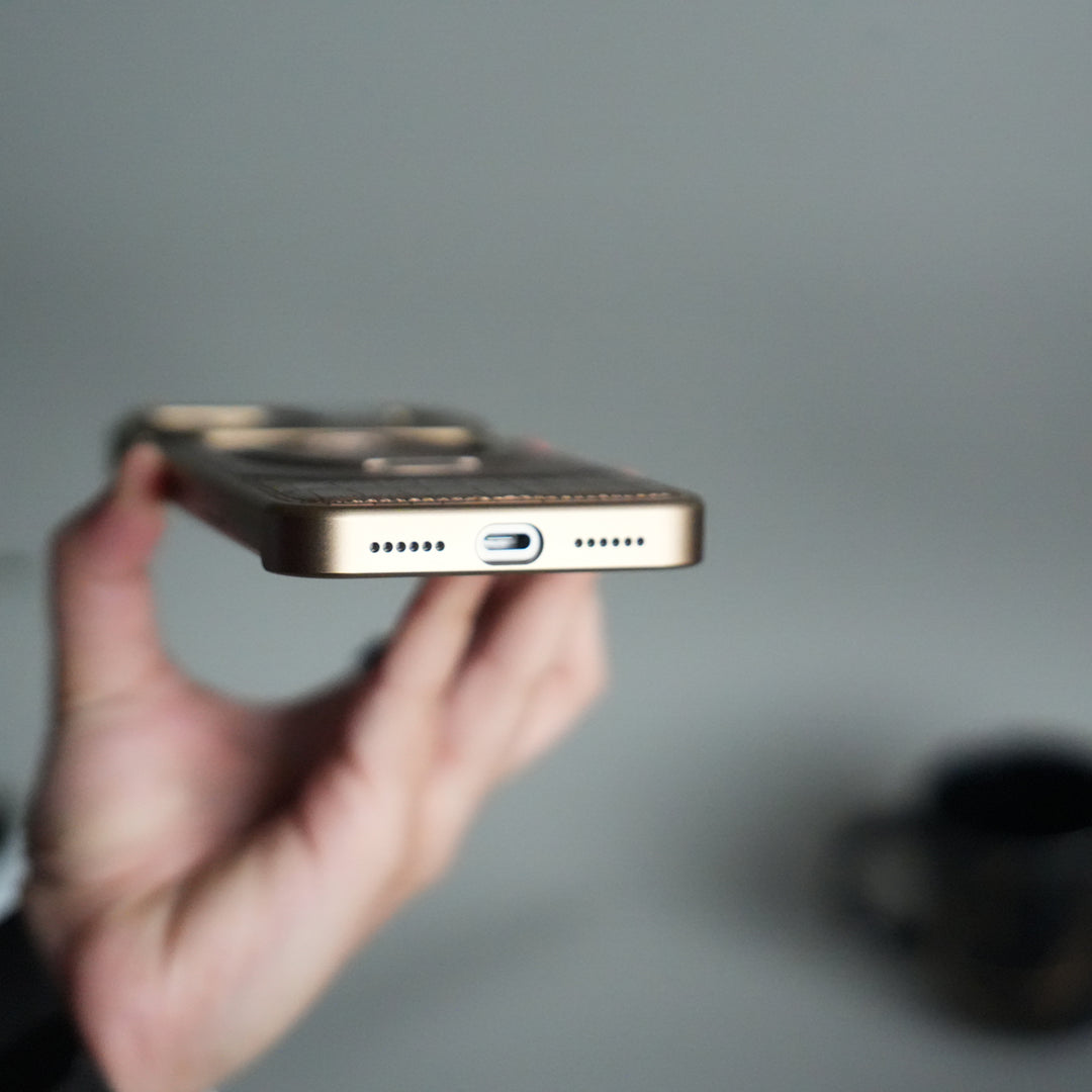 iPhone 17 Series Metallic Wood Leather AeroFLex Aluminium  Case With Rotating Stand