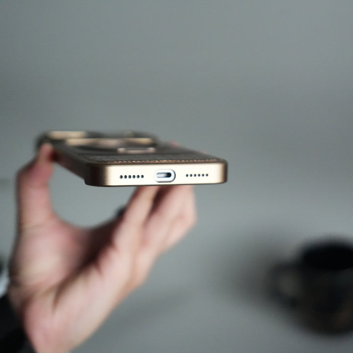 iPhone 17 Series Metallic Wood Leather AeroFLex Aluminium  Case With Rotating Stand