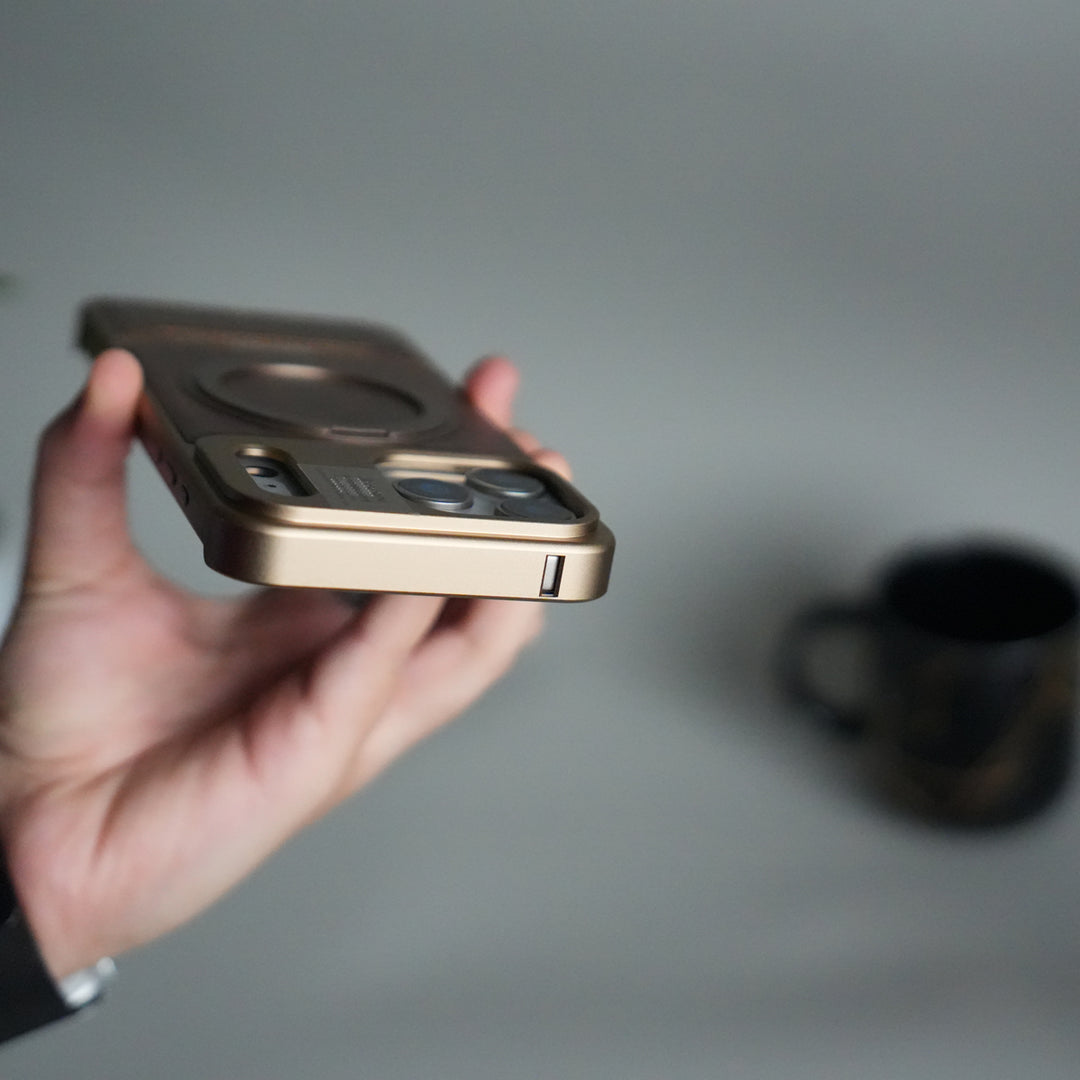 iPhone 17 Series Metallic Wood Leather AeroFLex Aluminium  Case With Rotating Stand