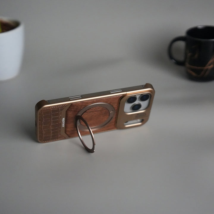 iPhone 17 Series Metallic Wood Leather AeroFLex Aluminium  Case With Rotating Stand