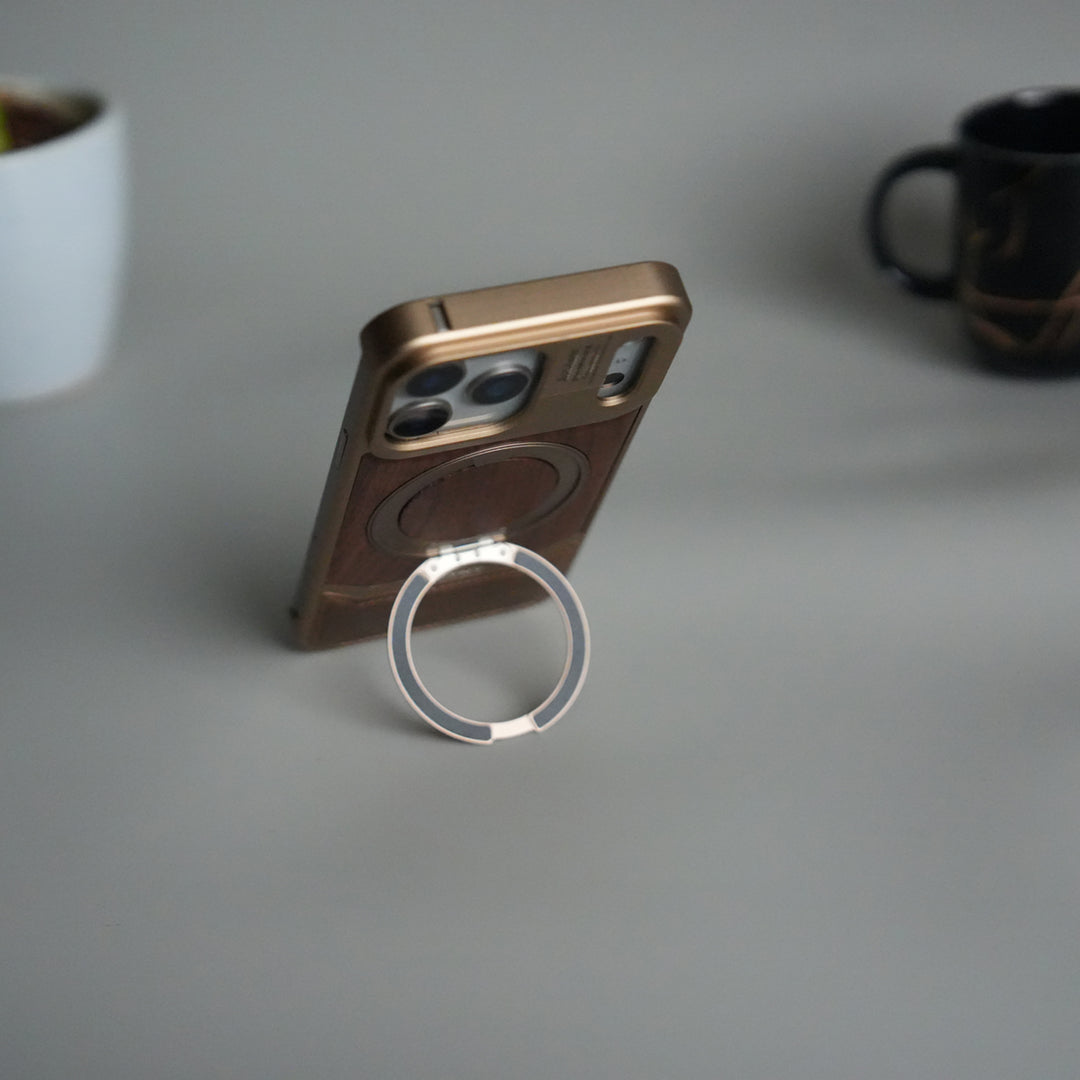 iPhone 17 Series Metallic Wood Leather AeroFLex Aluminium  Case With Rotating Stand