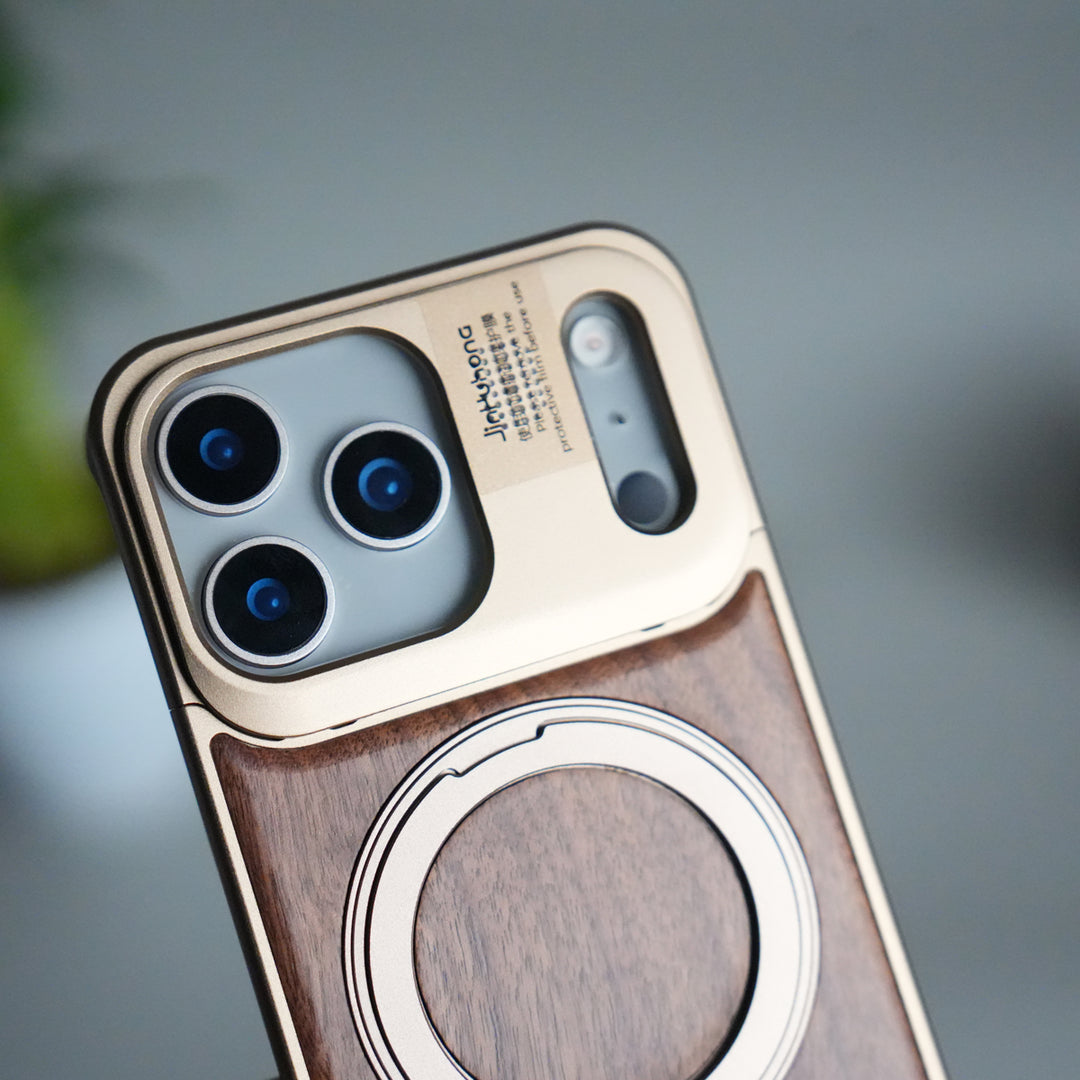iPhone 17 Series Metallic Wood Leather AeroFLex Aluminium  Case With Rotating Stand
