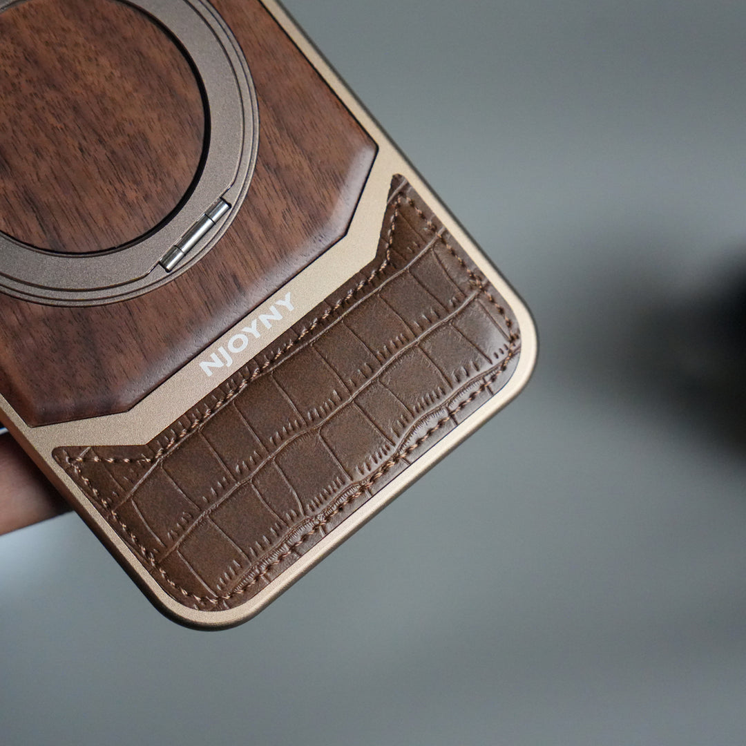 iPhone 17 Series Metallic Wood Leather AeroFLex Aluminium  Case With Rotating Stand