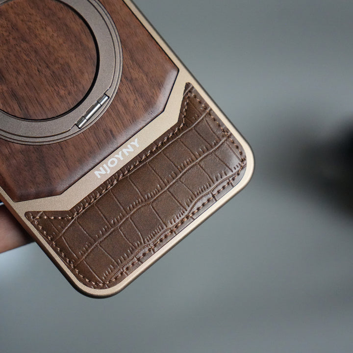 iPhone 17 Series Metallic Wood Leather AeroFLex Aluminium  Case With Rotating Stand