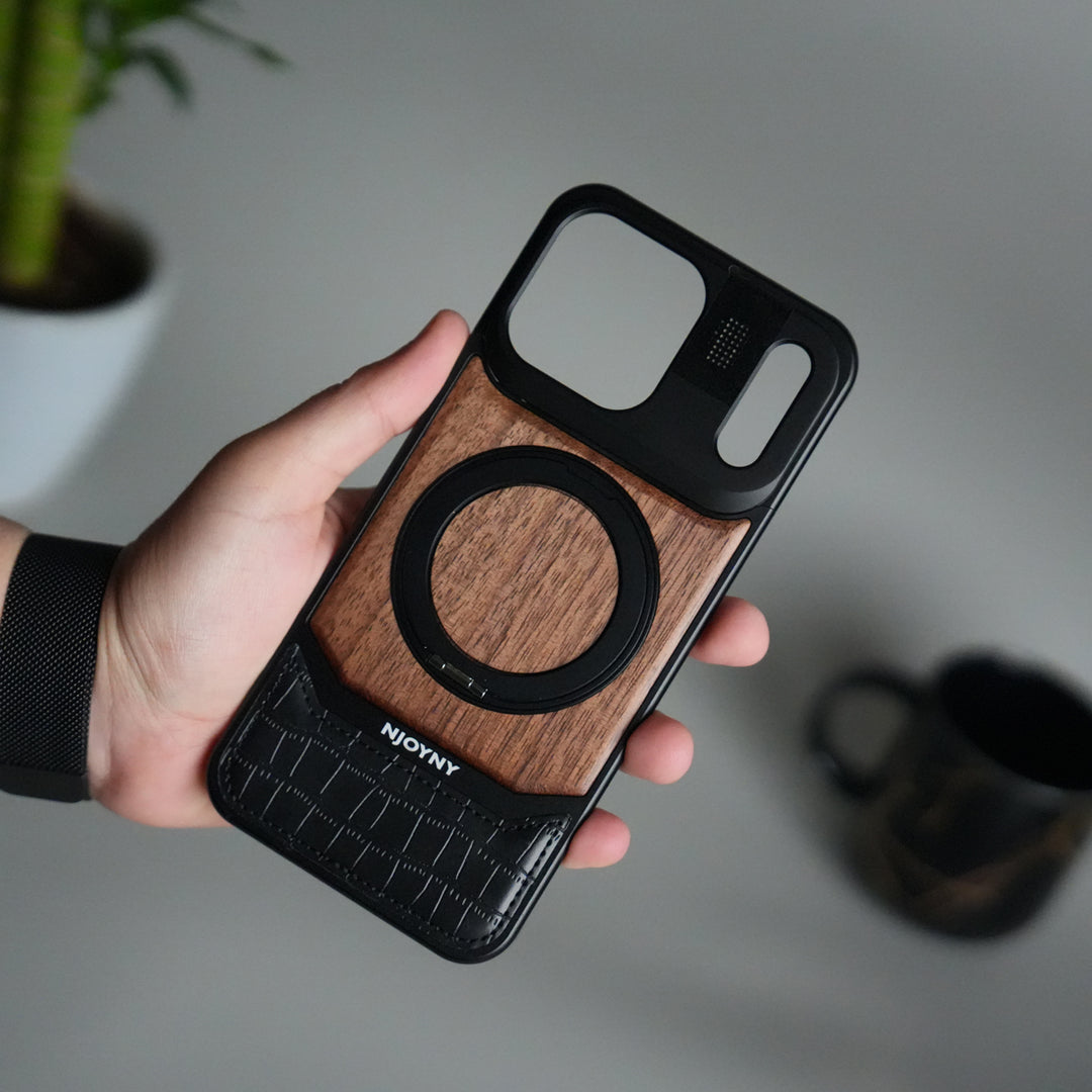 iPhone 17 Series Metallic Wood Leather AeroFLex Aluminium  Case With Rotating Stand