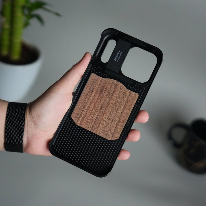 iPhone 17 Series Metallic Wood Leather AeroFLex Aluminium  Case With Rotating Stand