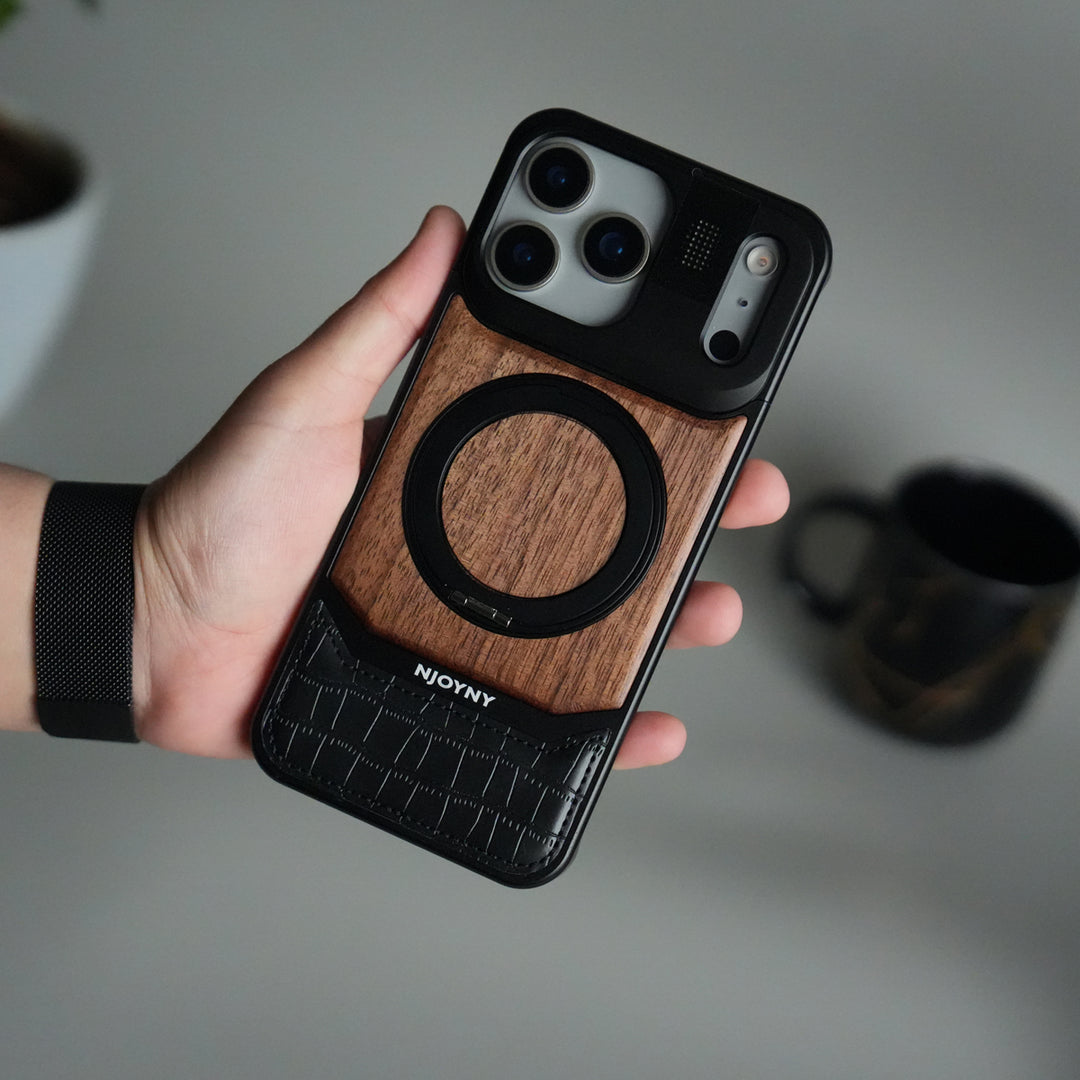 iPhone 17 Series Metallic Wood Leather AeroFLex Aluminium  Case With Rotating Stand