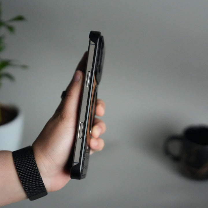 iPhone 17 Series Metallic Wood Leather AeroFLex Aluminium  Case With Rotating Stand