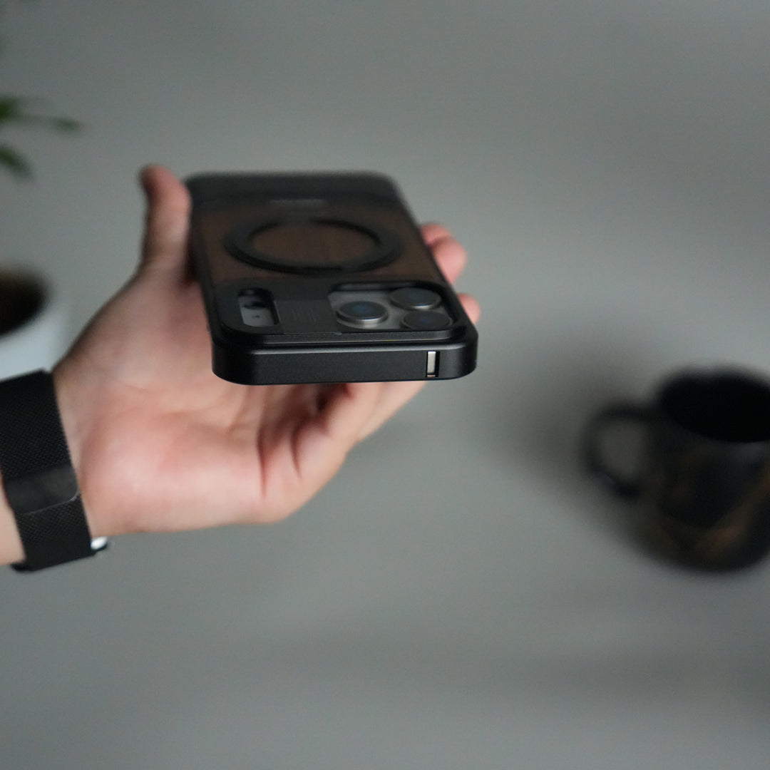 iPhone 17 Series Metallic Wood Leather AeroFLex Aluminium  Case With Rotating Stand