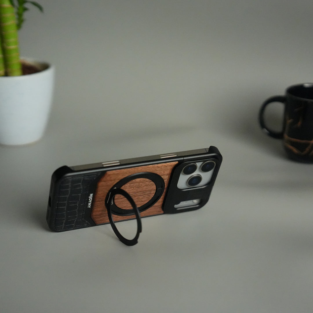 iPhone 17 Series Metallic Wood Leather AeroFLex Aluminium  Case With Rotating Stand