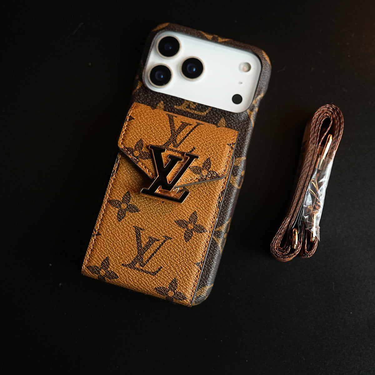 Monogram Stitched Wallet Case for iPhone 17 Series | Detachable Crossbody Strap