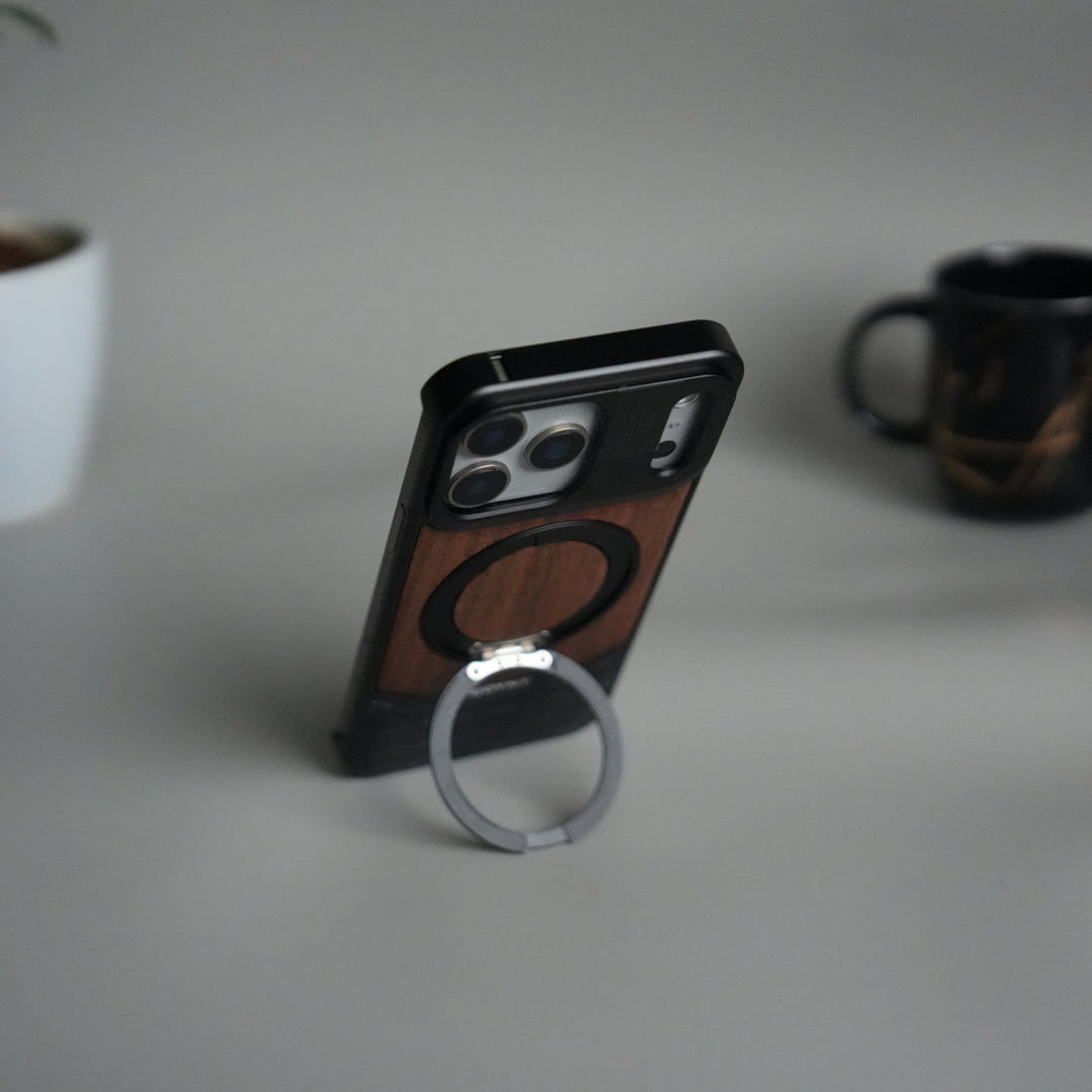 iPhone 17 Series Metallic Wood Leather AeroFLex Aluminium  Case With Rotating Stand