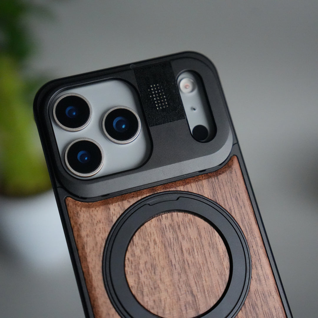 iPhone 17 Series Metallic Wood Leather AeroFLex Aluminium  Case With Rotating Stand