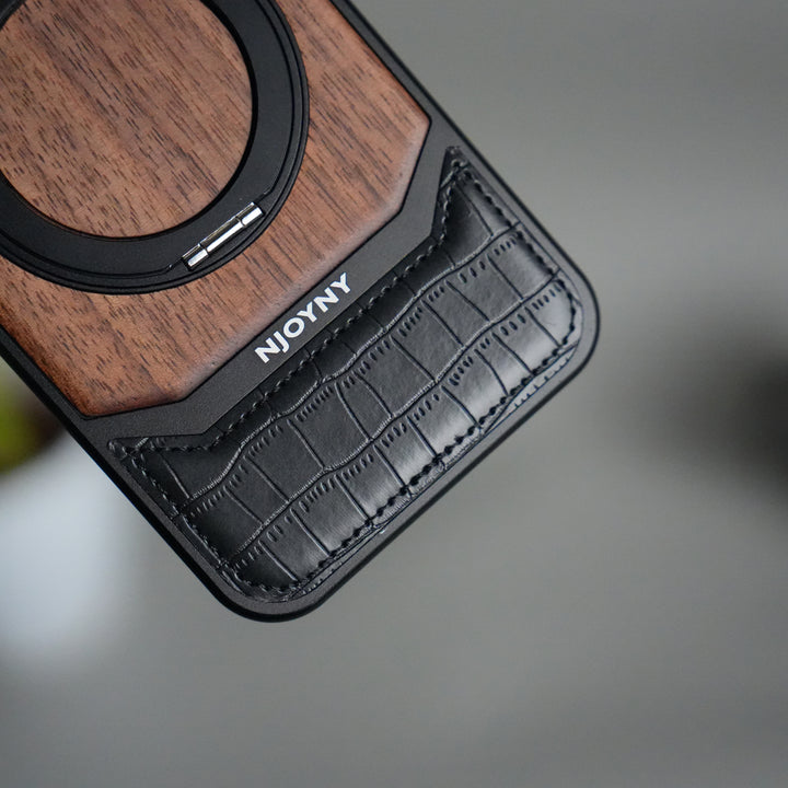 iPhone 17 Series Metallic Wood Leather AeroFLex Aluminium  Case With Rotating Stand