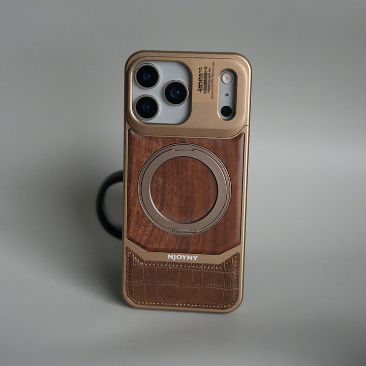 iPhone 17 Series Metallic Wood Leather AeroFLex Aluminium  Case With Rotating Stand