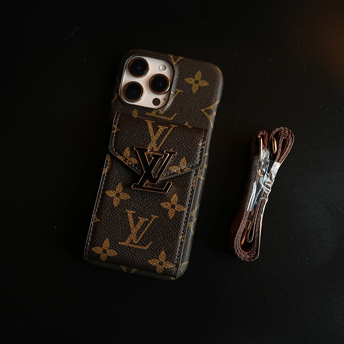 Monogram Stitched Wallet Case for iPhone 16 Series | Detachable Crossbody Strap