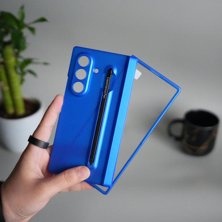Galaxy Z Fold 7 Case with S-Pen Slot & Front Glass | Matte Hard Back Cover | Blue