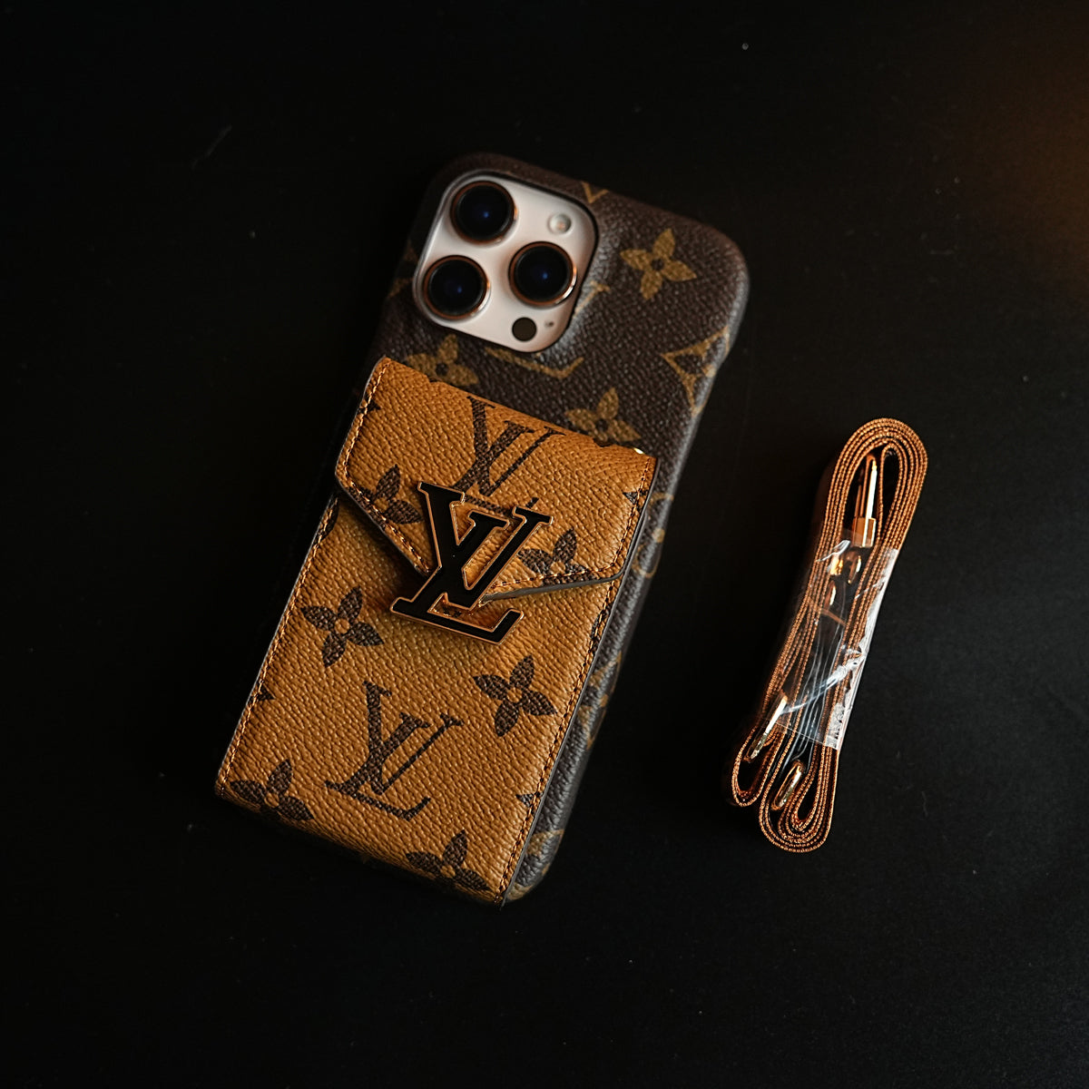Monogram Stitched Wallet Case for iPhone 16 Series | Detachable Crossbody Strap