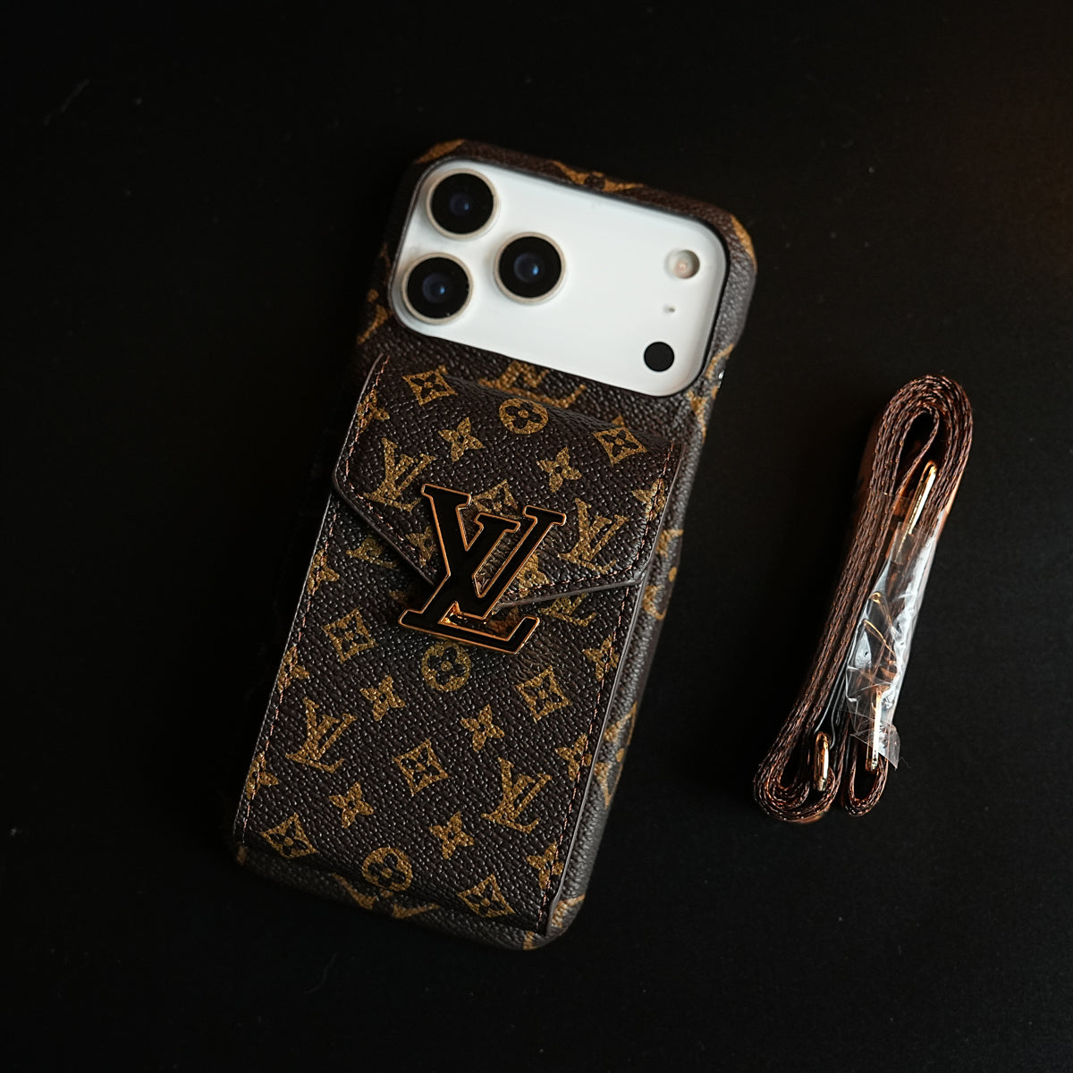 Monogram Stitched Wallet Case for iPhone 17 Series | Detachable Crossbody Strap