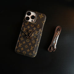 Monogram Stitched Wallet Case for iPhone 16 Series | Detachable Crossbody Strap