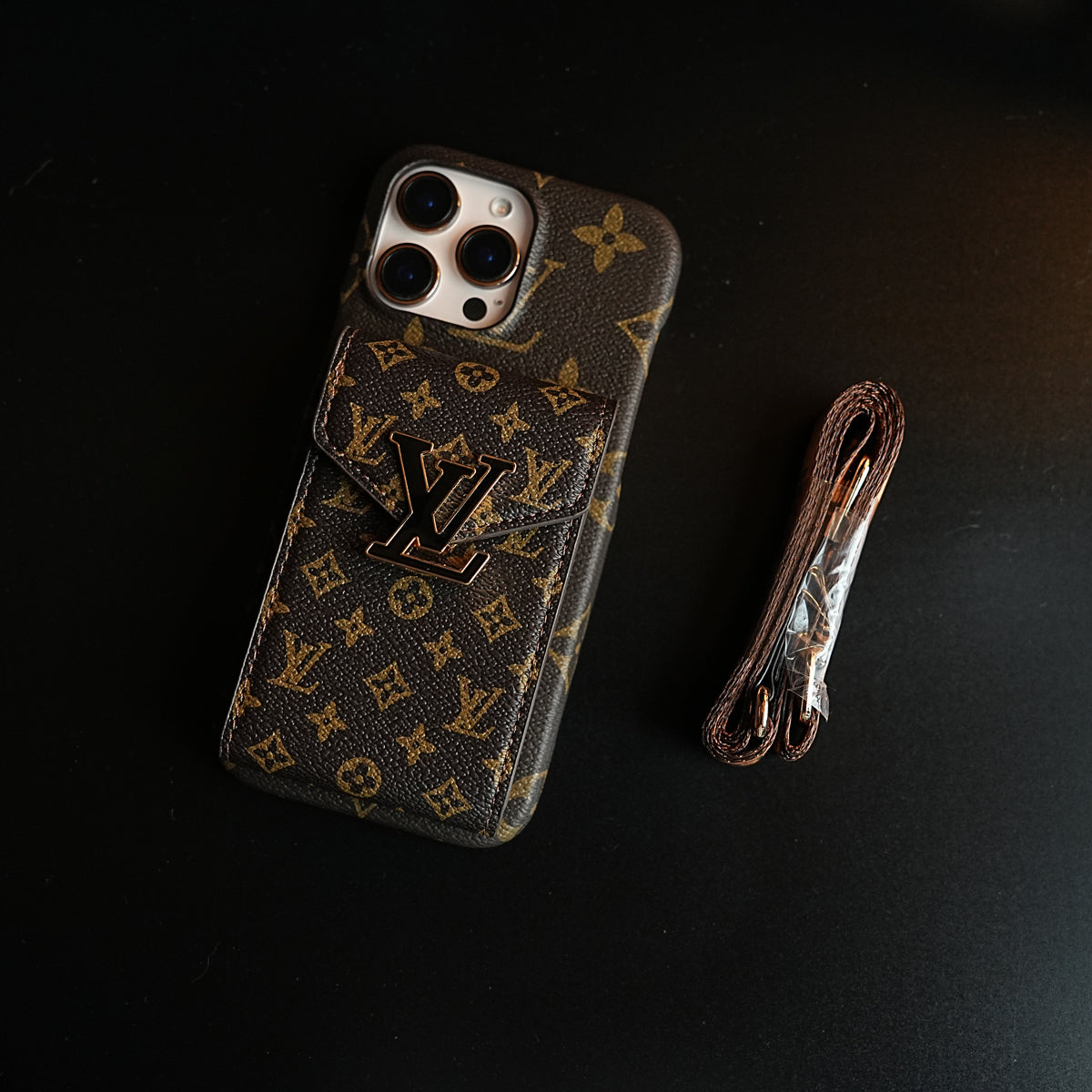 Monogram Stitched Wallet Case for iPhone 16 Series | Detachable Crossbody Strap