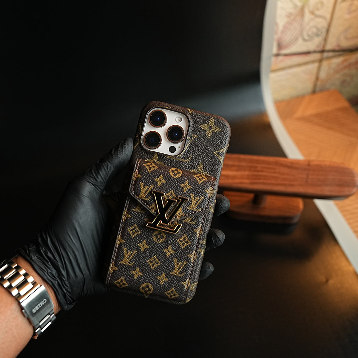 Monogram Stitched Wallet Case for iPhone 16 Series | Detachable Crossbody Strap
