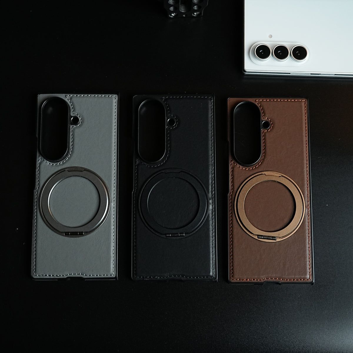 Stitched Leather Texture Cover for Galaxy Z Fold 8 Ultra | Metal Ring Stand Case