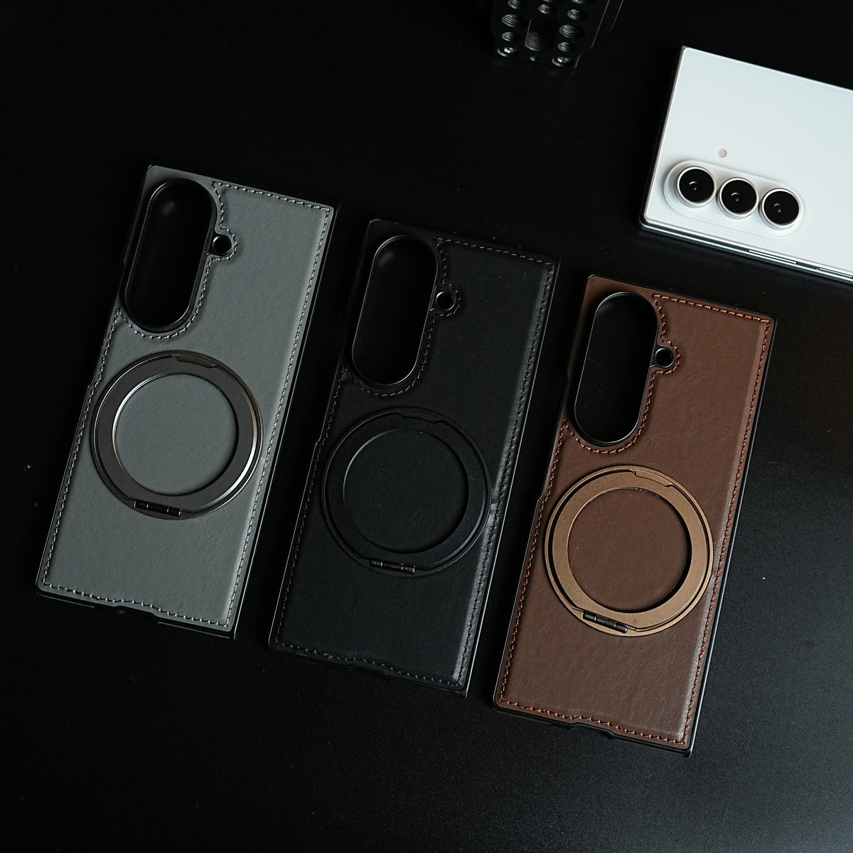 Stitched Leather Texture Cover for Galaxy Z Fold 8 Ultra | Metal Ring Stand Case