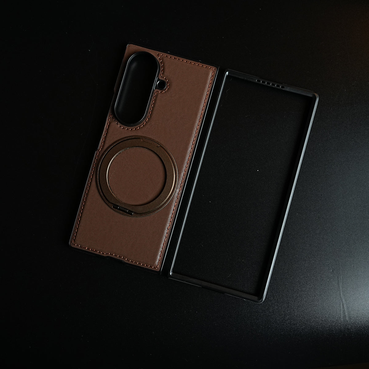 Stitched Leather Texture Cover for Galaxy Z Fold 8 Ultra | Metal Ring Stand Case