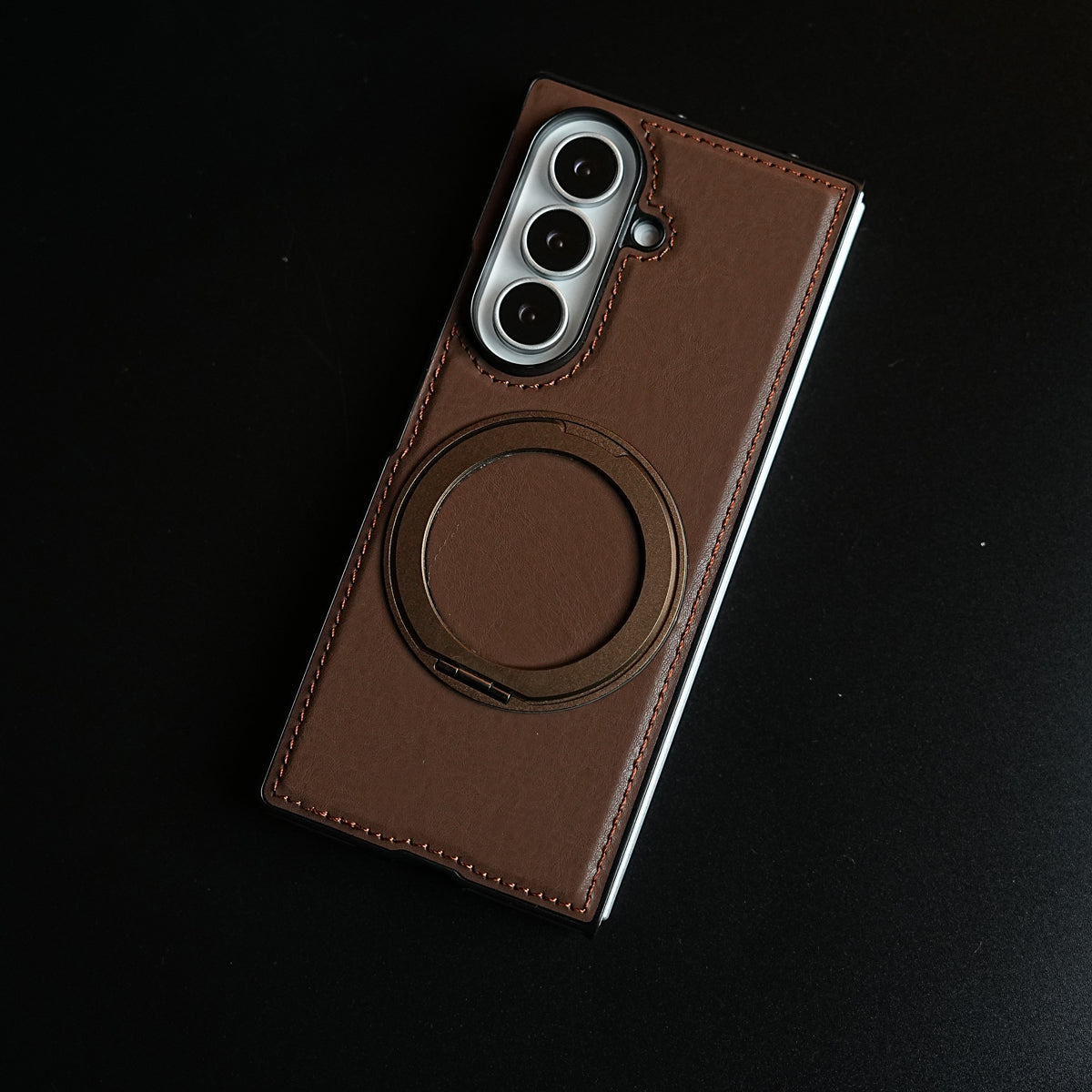 Stitched Leather Texture Cover for Galaxy Z Fold 8 Ultra | Metal Ring Stand Case