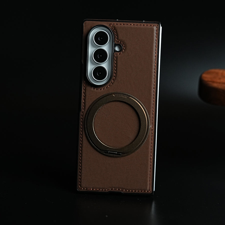 Stitched Leather Texture Cover for Galaxy Z Fold 7 | Metal Ring Stand Case