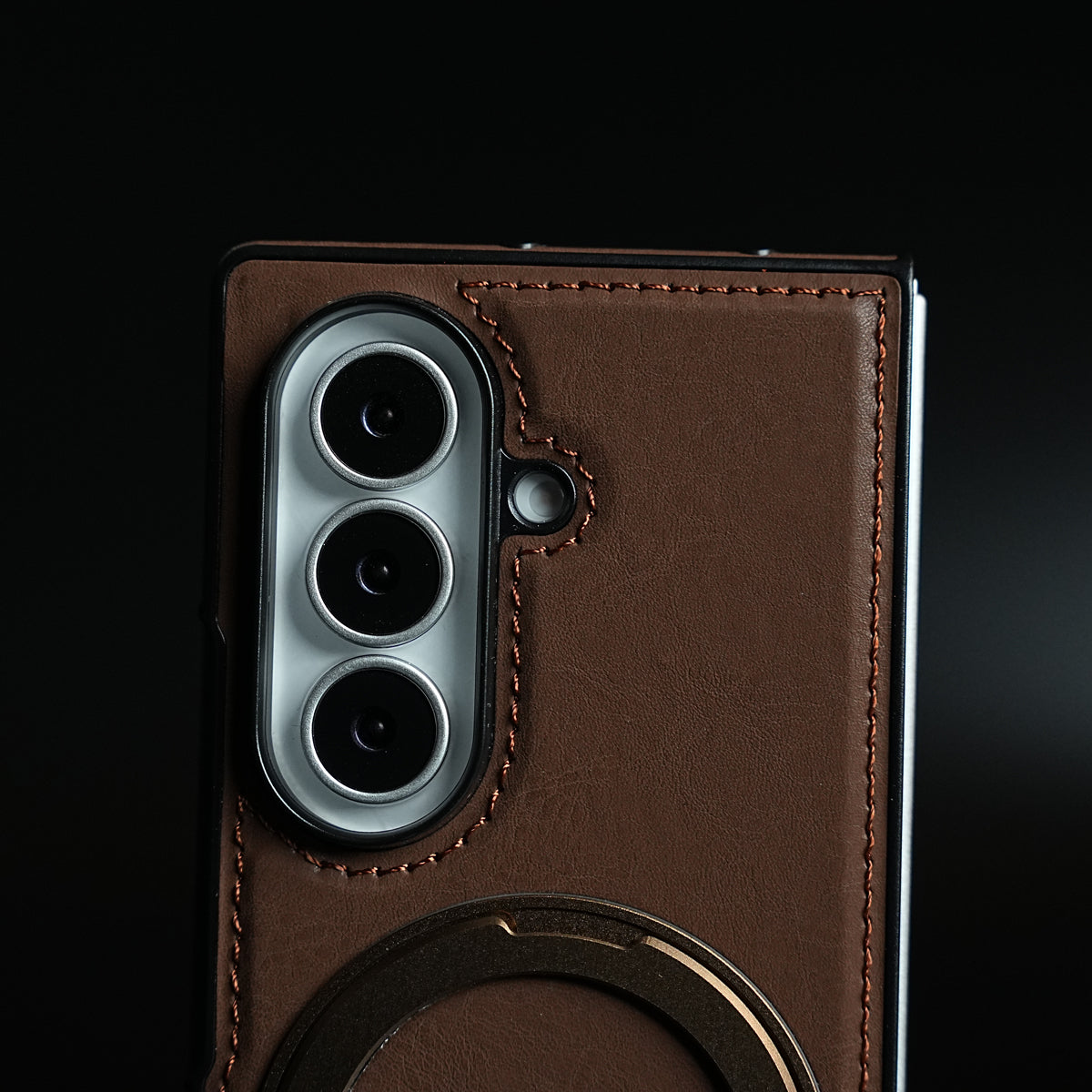 Stitched Leather Texture Cover for Galaxy Z Fold 8 Ultra | Metal Ring Stand Case