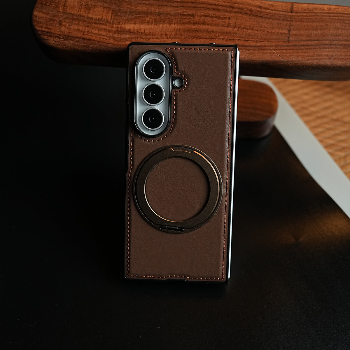 Stitched Leather Texture Cover for Galaxy Z Fold 8 Ultra | Metal Ring Stand Case