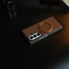 Stitched Leather Texture Cover for Galaxy Z Fold 8 Ultra | Metal Ring Stand Case