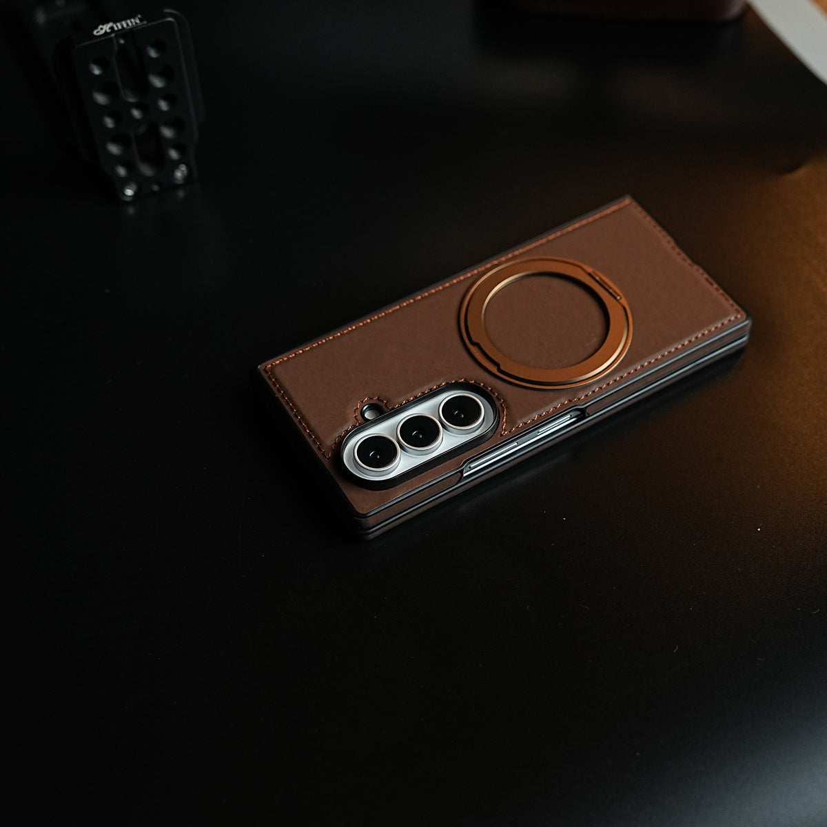 Stitched Leather Texture Cover for Galaxy Z Fold 8 Ultra | Metal Ring Stand Case