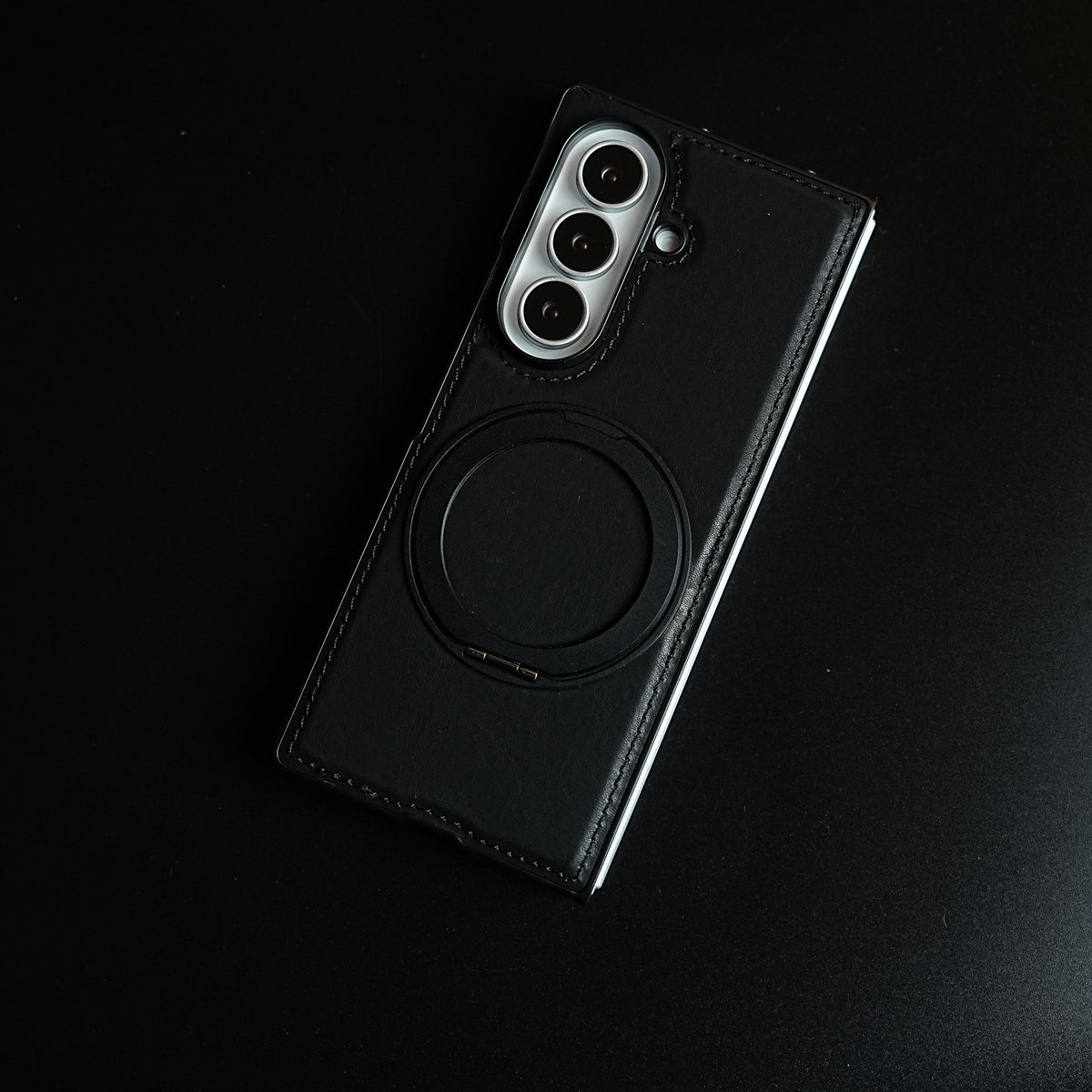 Stitched Leather Texture Cover for Galaxy Z Fold 8 Ultra | Metal Ring Stand Case