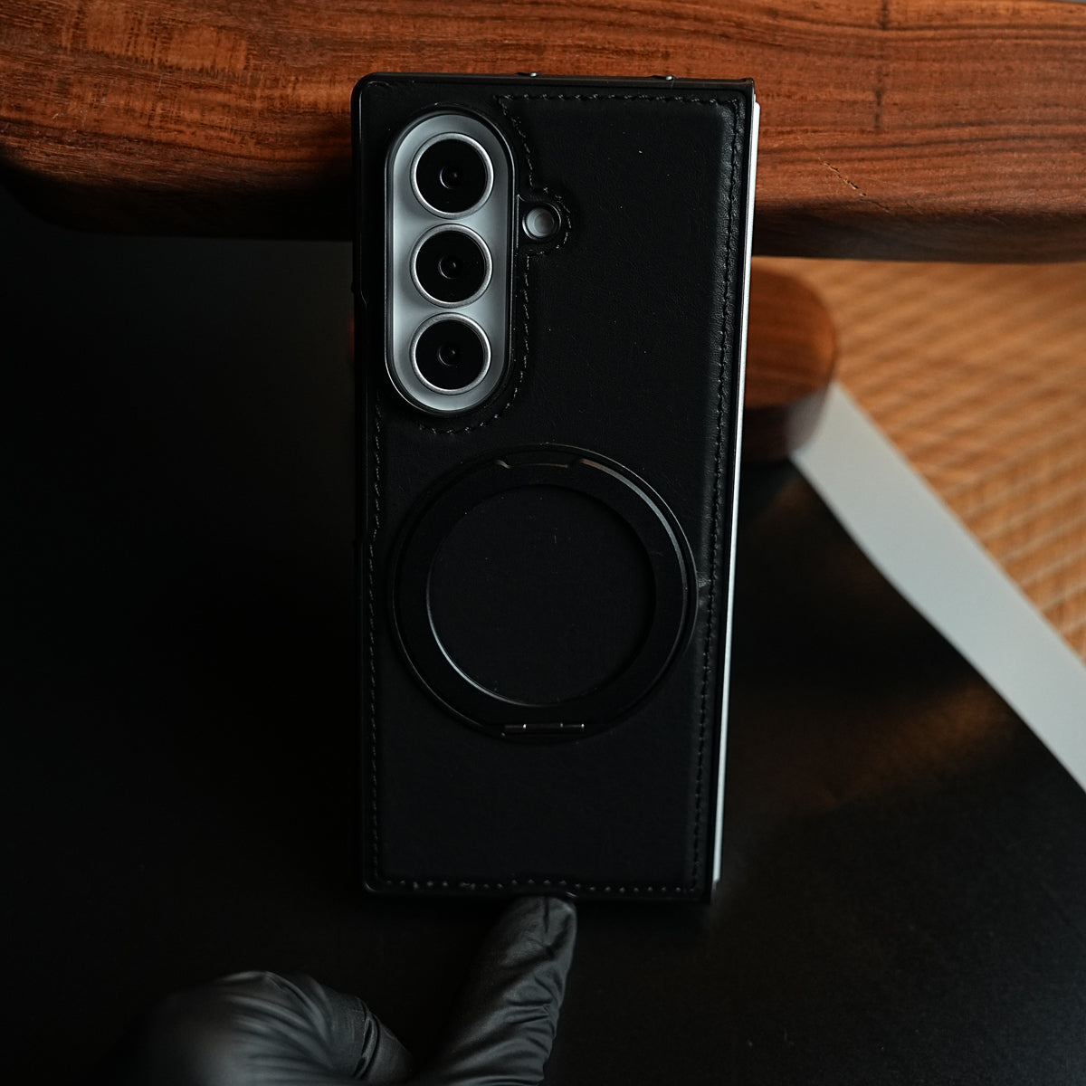 Stitched Leather Texture Cover for Galaxy Z Fold 8 Ultra | Metal Ring Stand Case