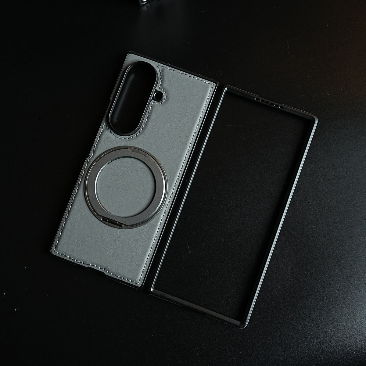 Stitched Leather Texture Cover for Galaxy Z Fold 8 Ultra | Metal Ring Stand Case