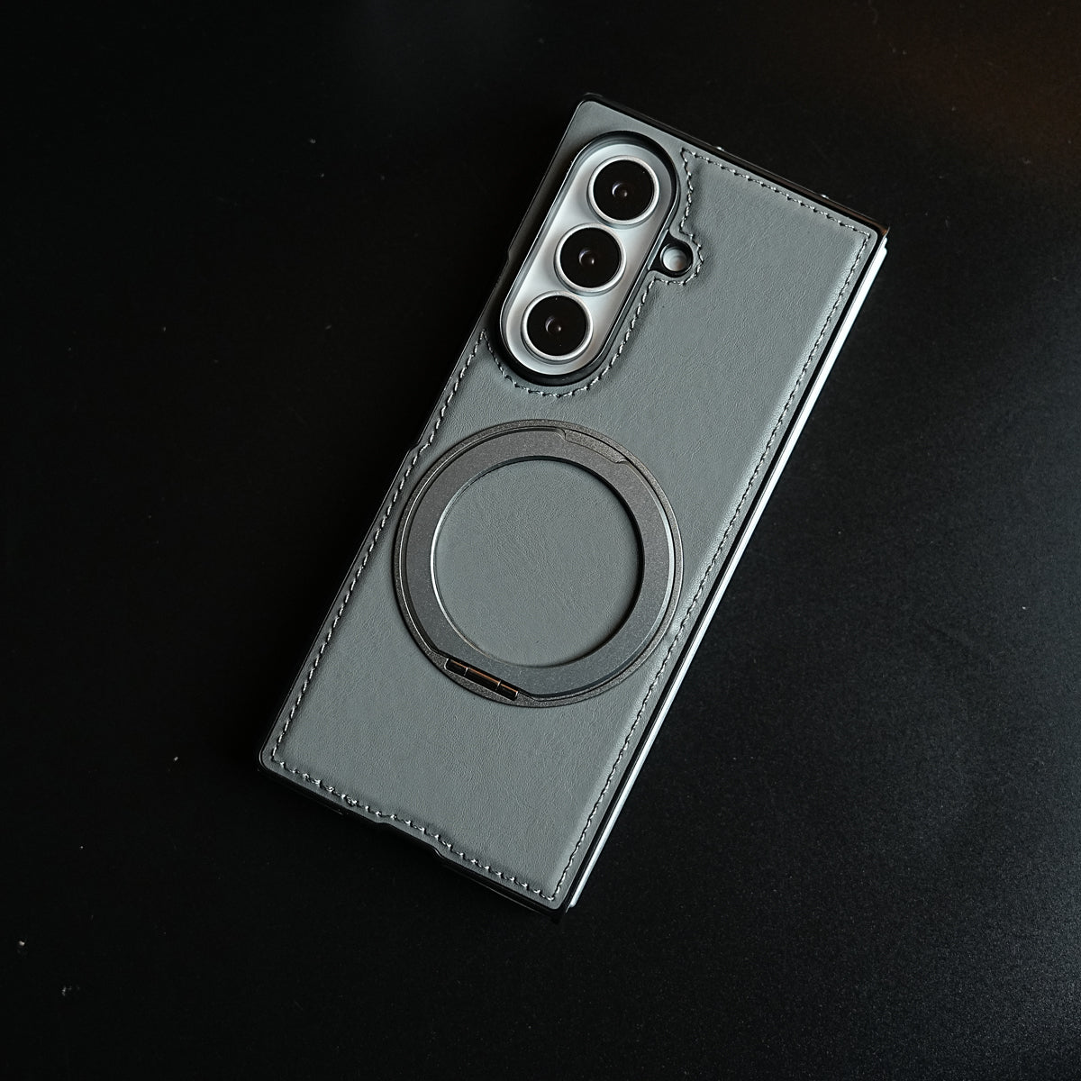Stitched Leather Texture Cover for Galaxy Z Fold 8 Ultra | Metal Ring Stand Case