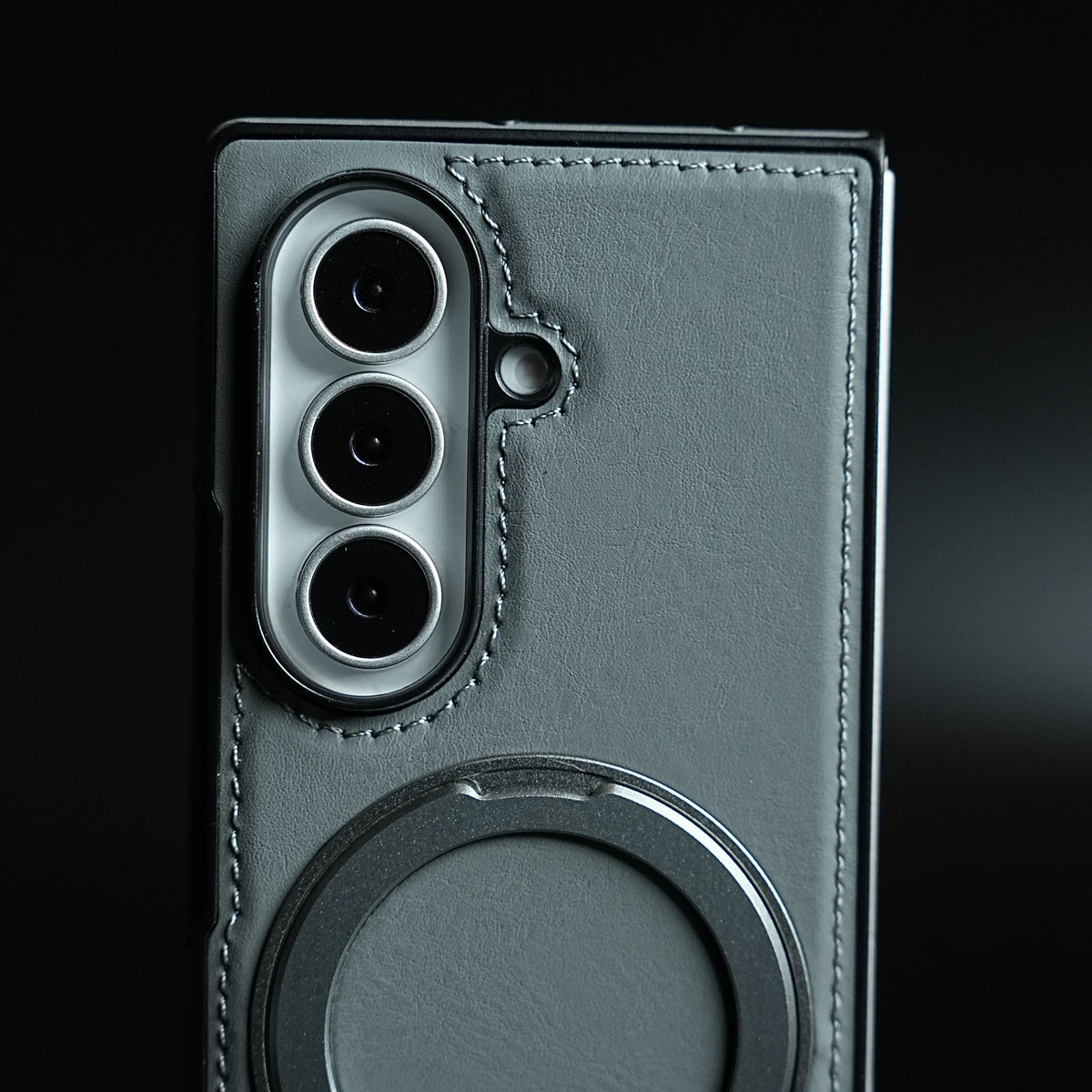 Stitched Leather Texture Cover for Galaxy Z Fold 8 Ultra | Metal Ring Stand Case